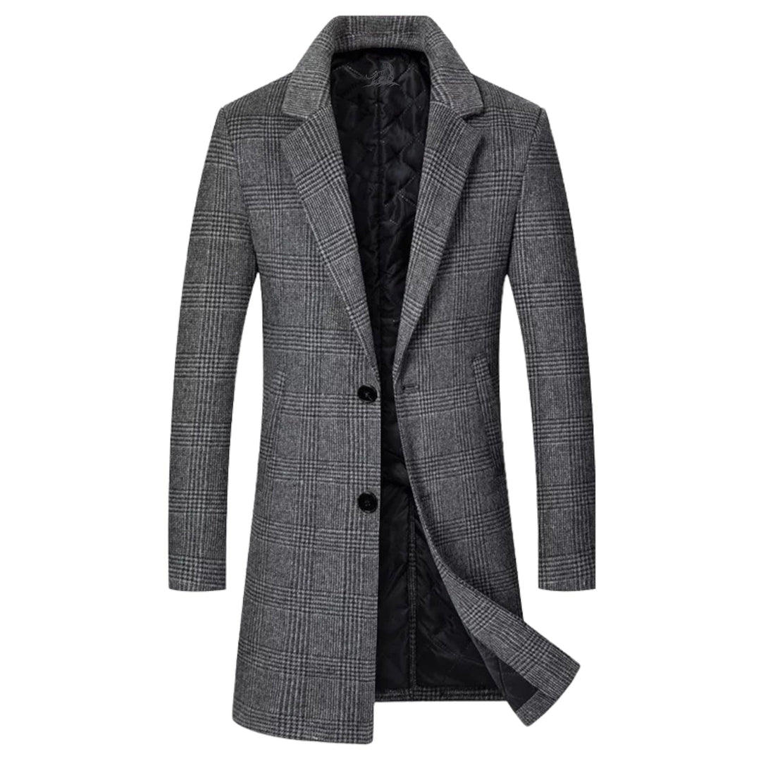 Abrigo de hombre a cuadros elegante para invierno, corte regular. Abrigo de lana gris y marrón para el frío.
