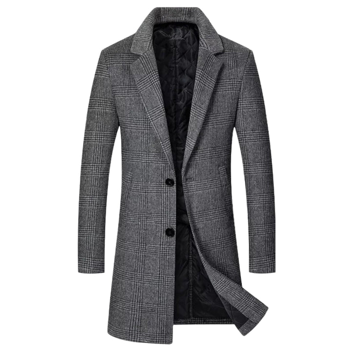 Abrigo de hombre a cuadros elegante para invierno, corte regular. Abrigo de lana gris y marrón para el frío.