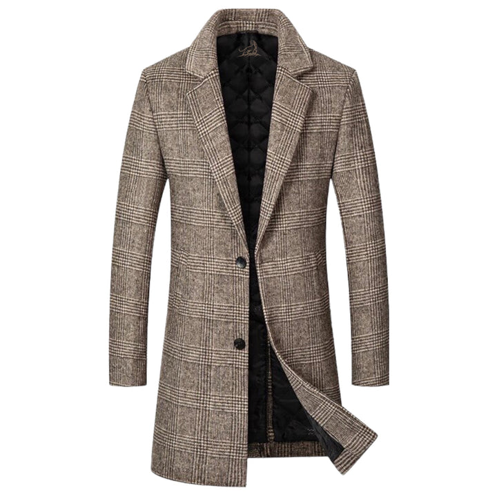 Abrigo de cuadros gris y marrón para hombre. Ropa de abrigo elegante y casual de invierno, perfecto para el otoño.