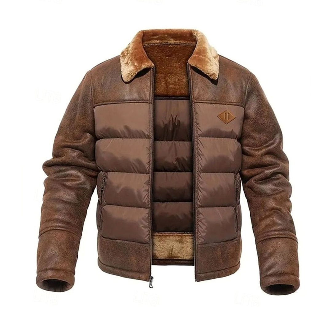 Chaqueta acolchada BRANNVIK hombre, efecto piel sintética, cuello sherpa. Abrigo cálido para invierno.