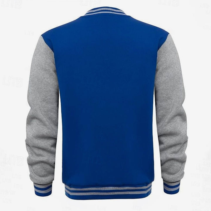 Cazadora bomber hombre, diseño varsity juvenil, cierre de botones y cuello acanalado moderno.