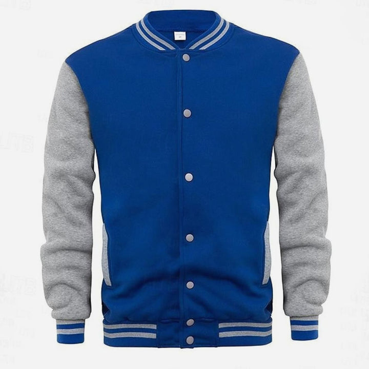 Bomber universitaria hombre, moda urbana y juvenil, con cierre de botones y cuello acanalado.