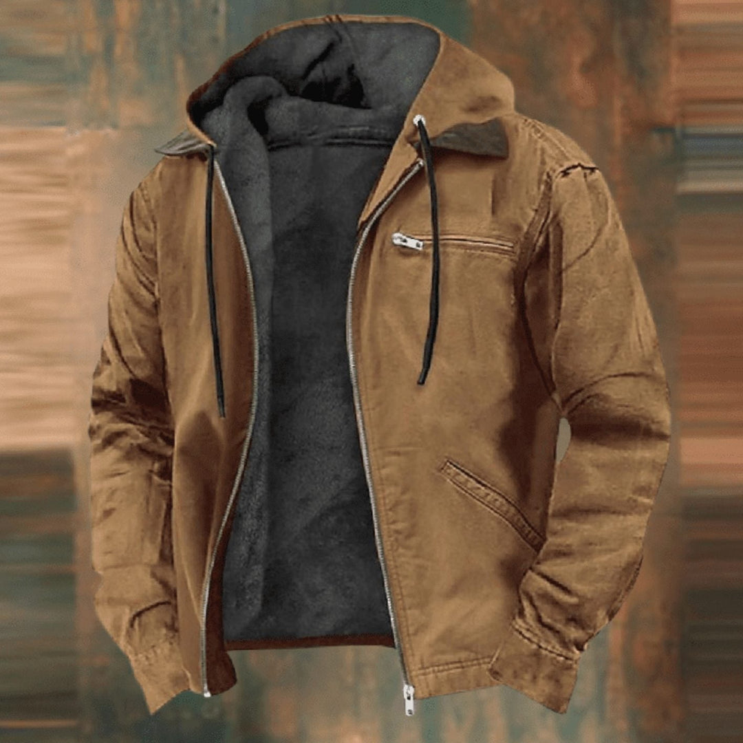 Chaqueta forro polar hombre con capucha y cremallera completa. Abrigo casual cálido para invierno.