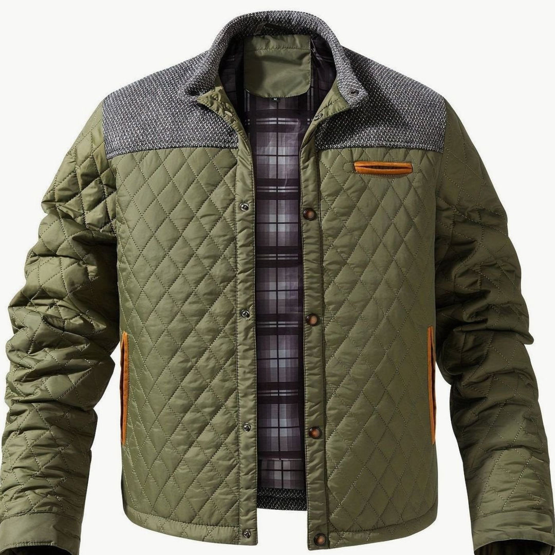 Chaqueta hombre acolchada gris bicolor, cuello alto, broches frontales. Ideal otoño-invierno.