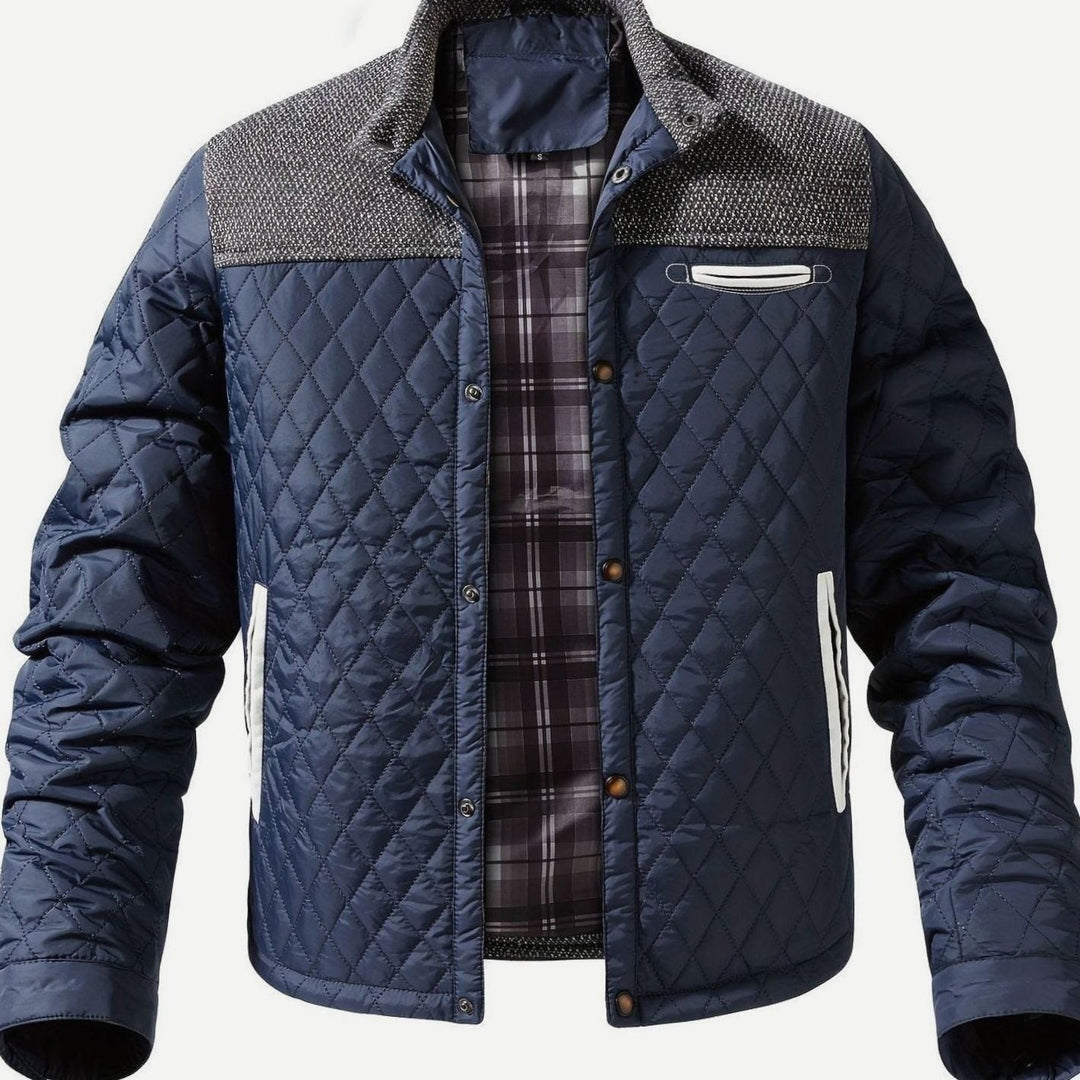Chaqueta de invierno hombre, acolchada con rombos, cuello alto y cierre broches.