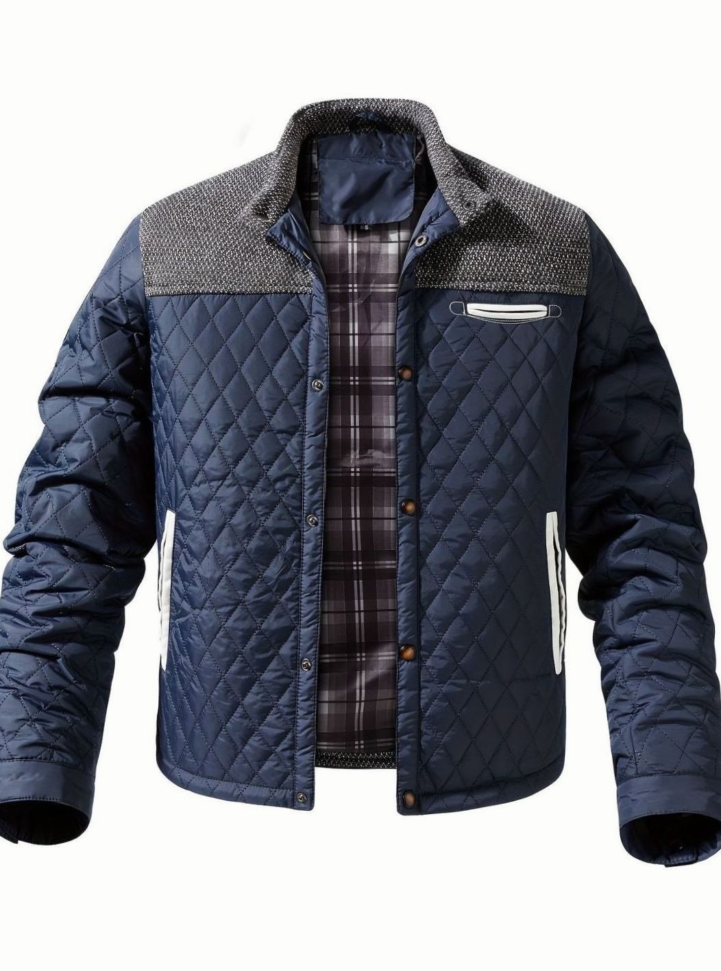 Elegante chaqueta acolchada de franela para hombre, bicolor, broches.