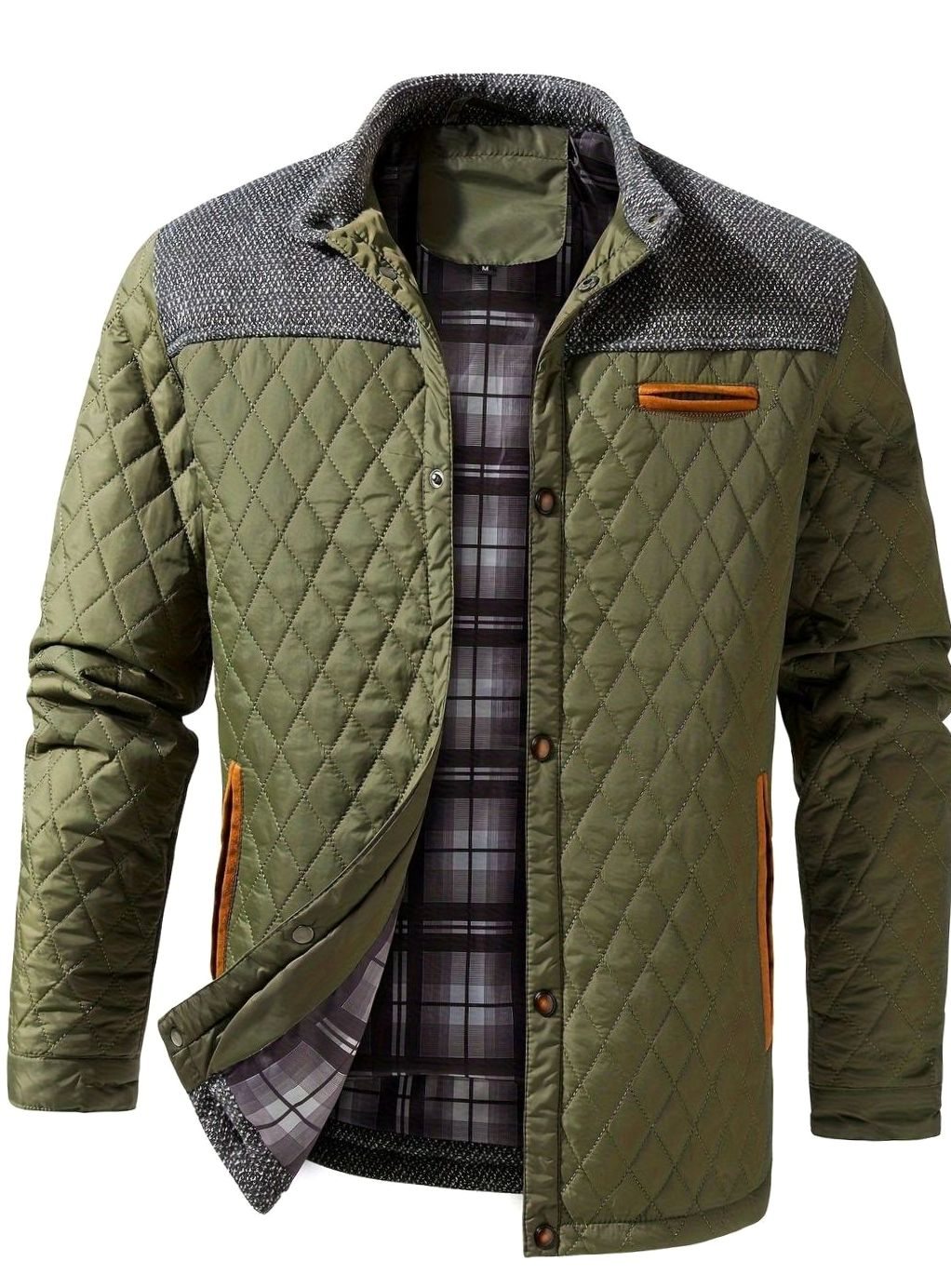 Chaqueta acolchada elegante hombre, cuello alto, cierre broches. Perfecta para el frío.