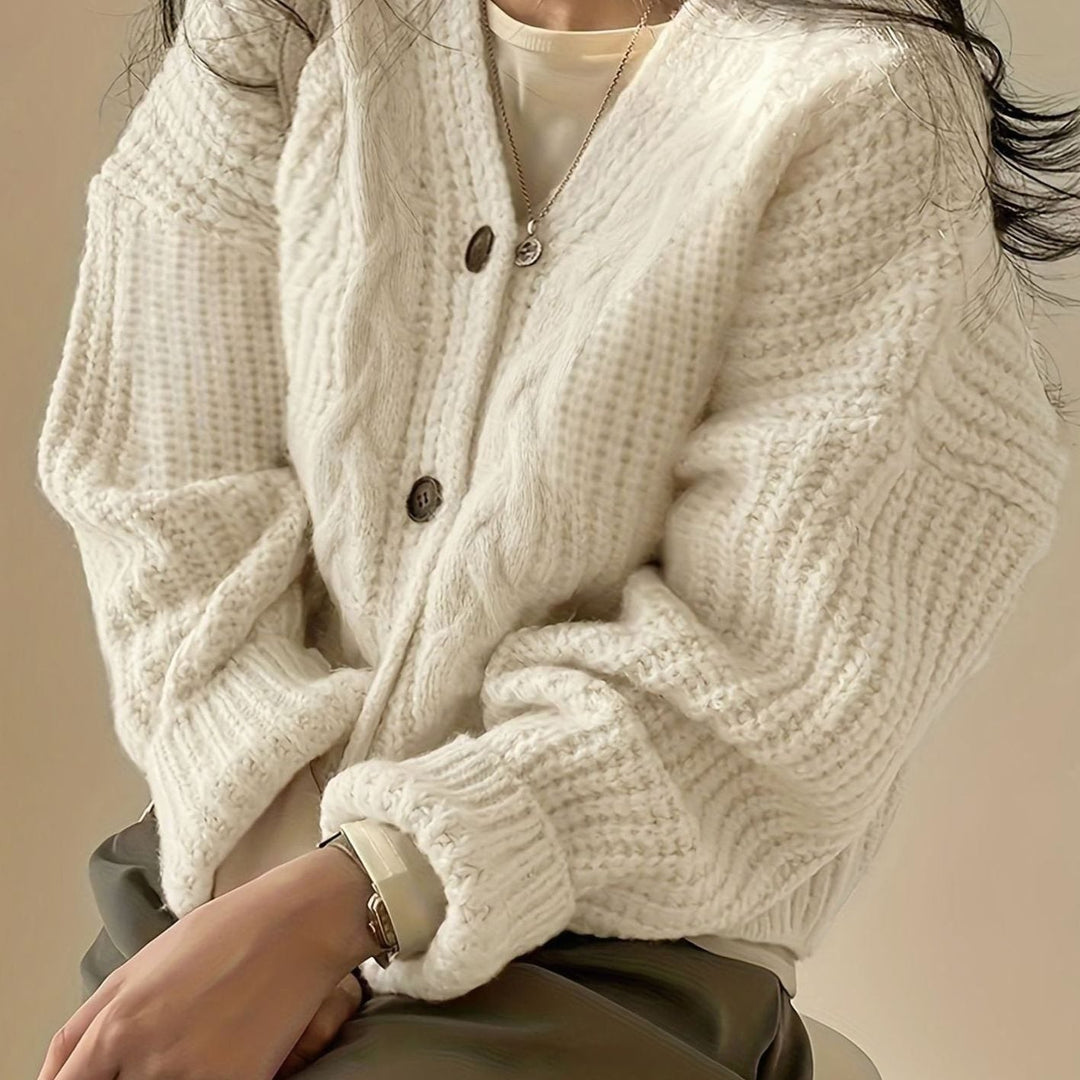 Cárdigan oversize mujer de punto trenzado gris, botones y cuello V, ideal para invierno y otoño, moda femenina.