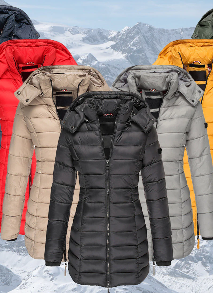 Abrigo acolchado de mujer, entallado con capucha, azul marino. Ideal para el invierno, moda elegante y cálida.