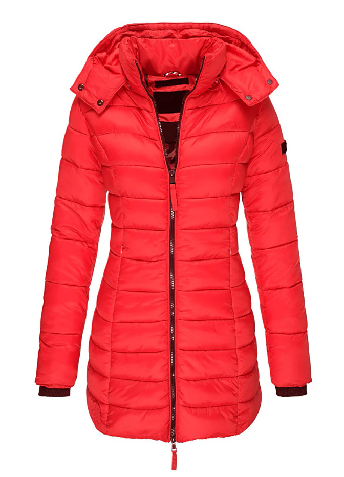 Espalda de abrigo acolchado de mujer con capucha, diseño entallado y medio largo. Moda cálida de invierno.