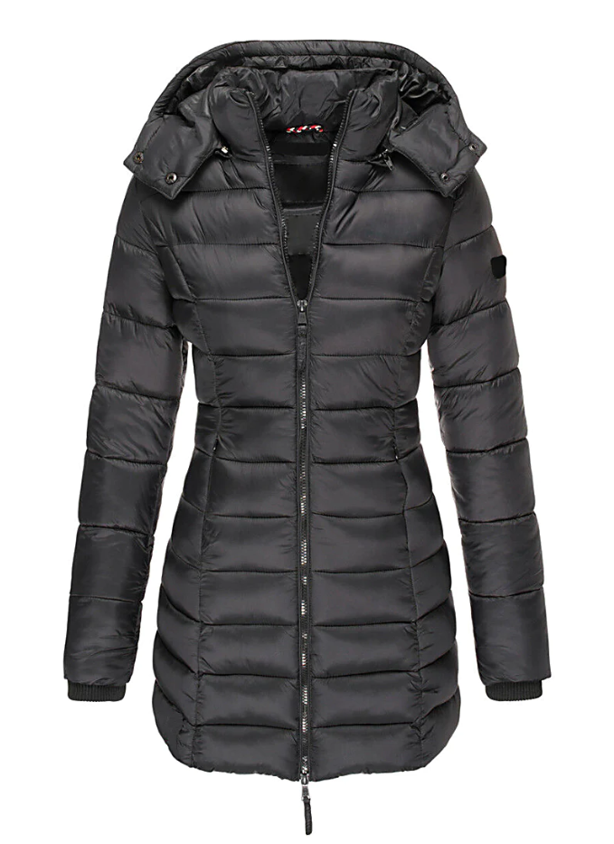 Abrigo de mujer acolchado con capucha, entallado, en modelo. Estilo elegante y cálido para la moda de invierno.