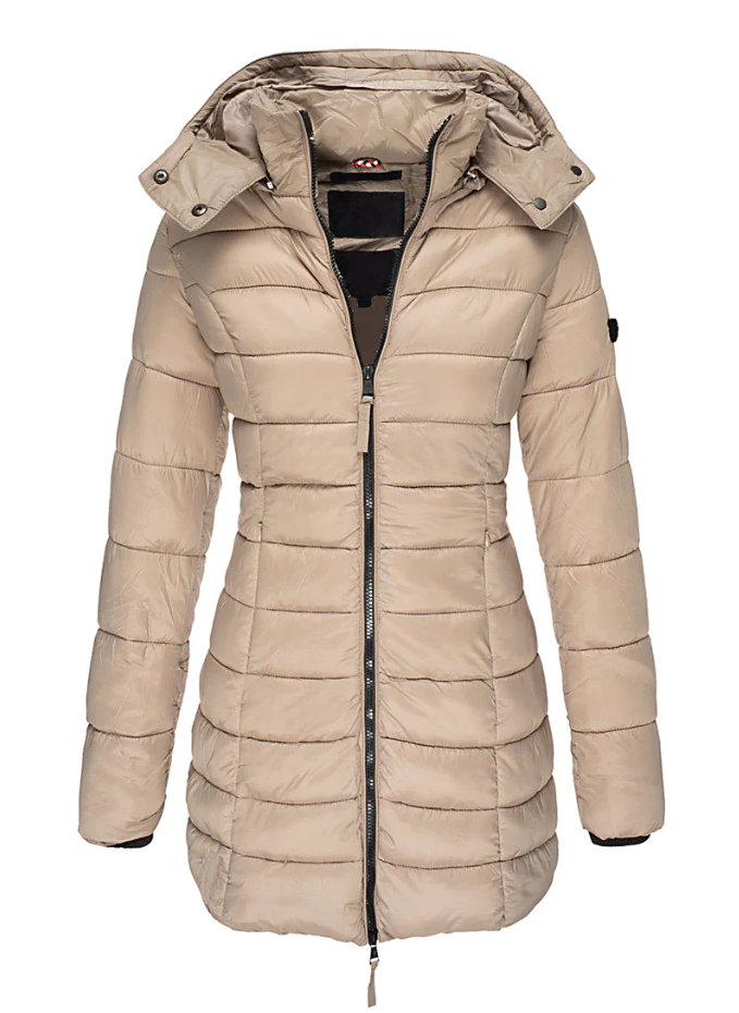 Abrigo entallado de invierno para mujer, acolchado y con capucha. Chaqueta versátil y de moda para el frío.