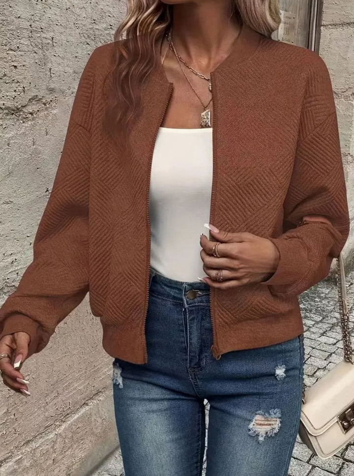 Chaqueta de punto texturizado para mujer, cárdigan bomber con cremallera, tallas grandes.
