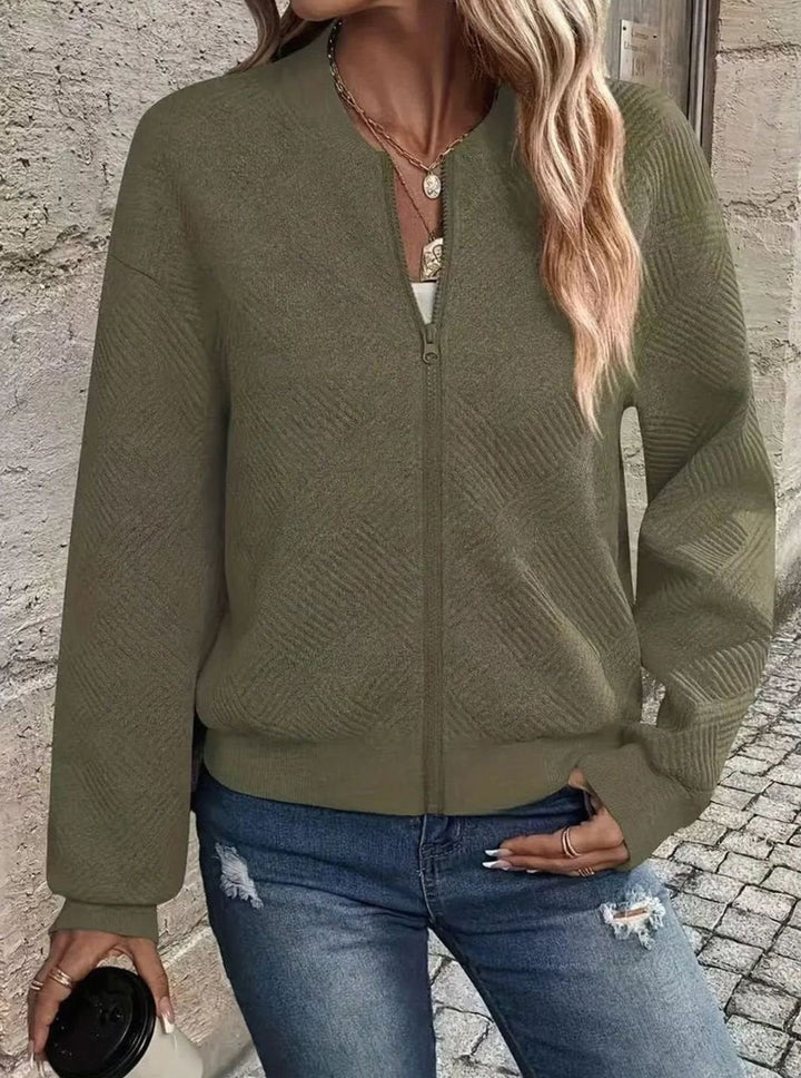 Abrigo ligero mujer, cárdigan bomber de punto texturizado, manga larga y cremallera.