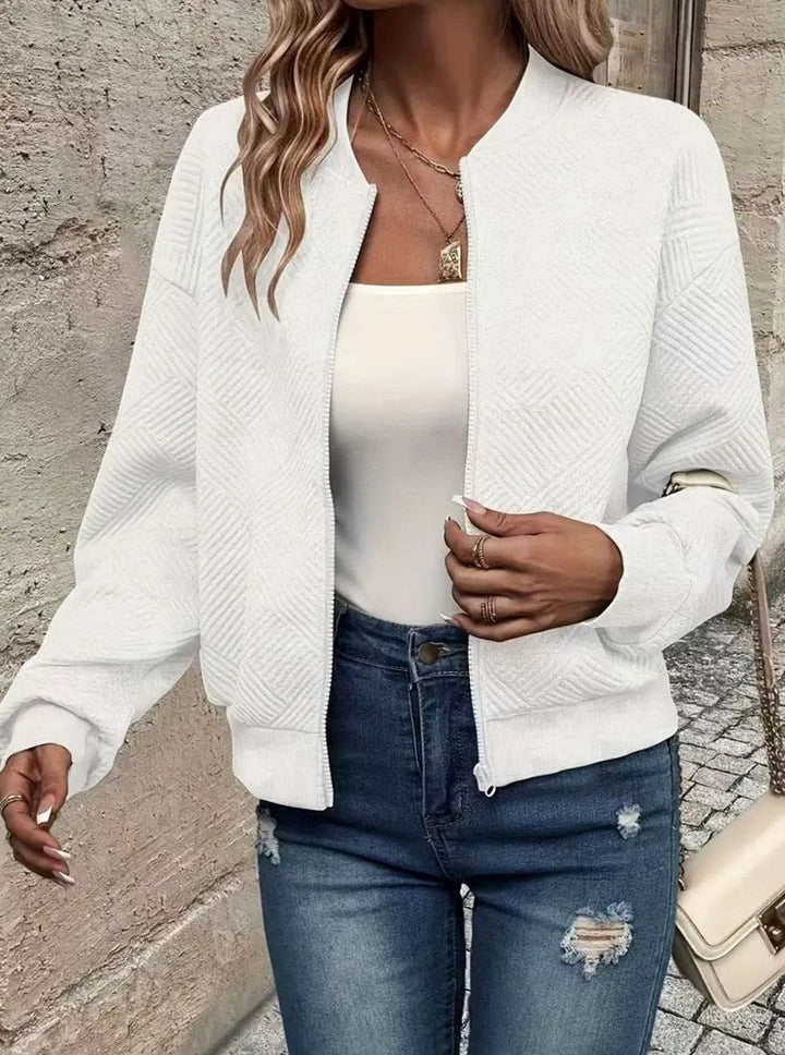 Cárdigan mujer punto texturizado con cremallera, estilo bomber para uso diario.