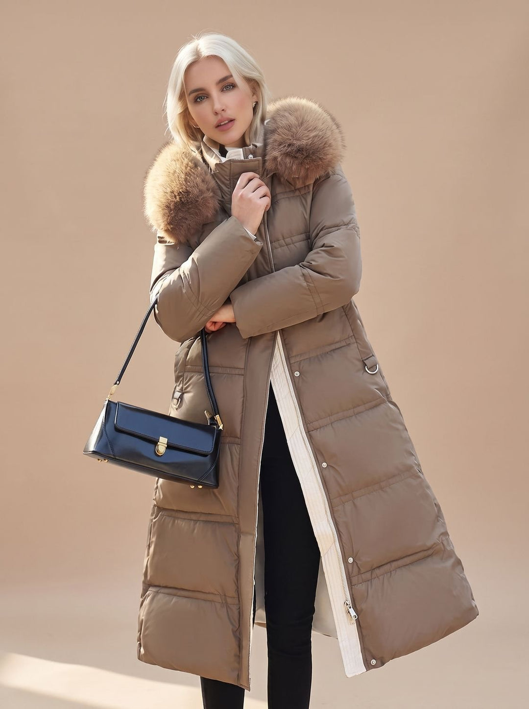 Abrigo largo acolchado de mujer con capucha, ideal para el frío invierno y mantener el calor corporal.