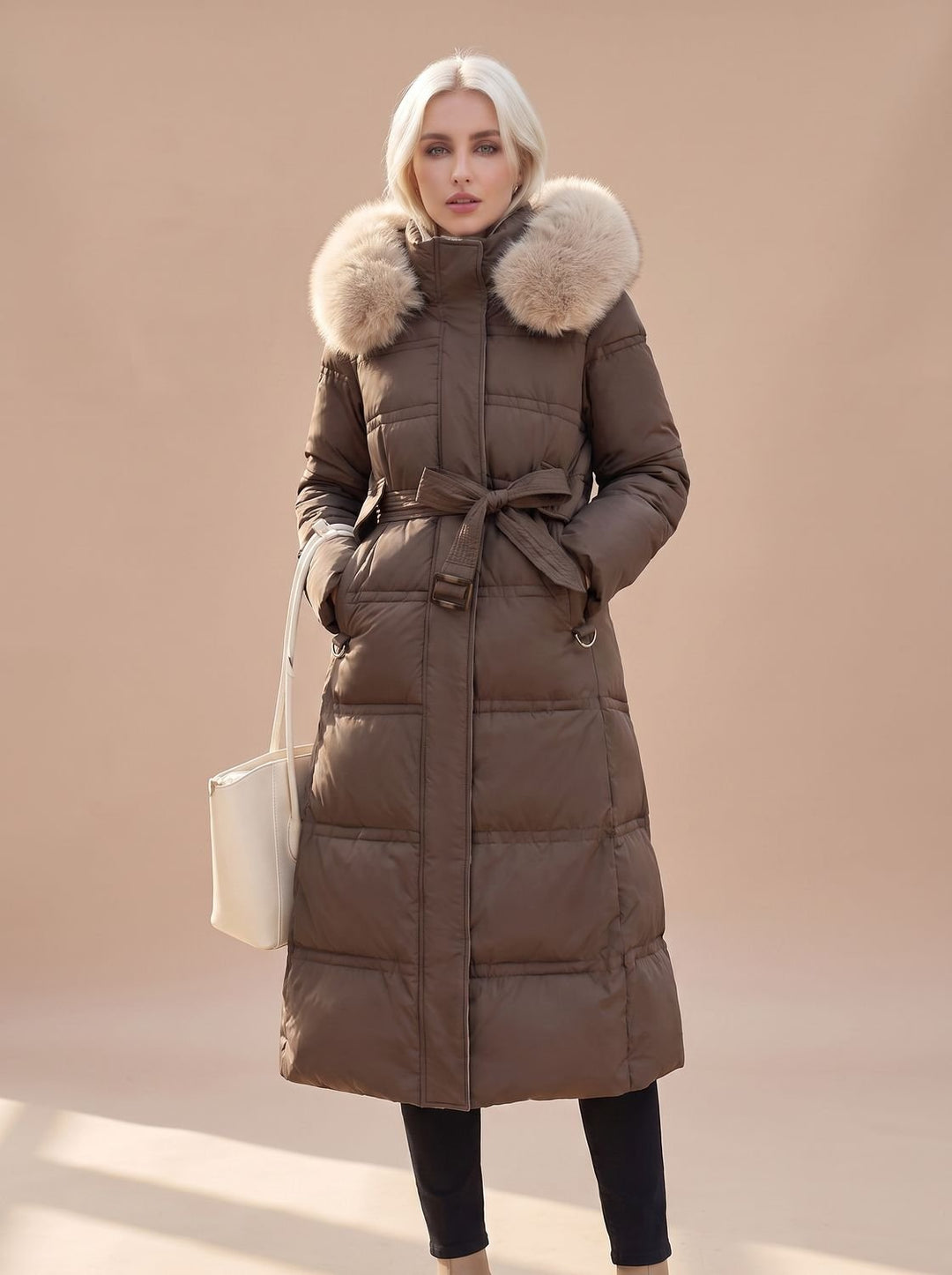 Abrigo largo acolchado de mujer con capucha, diseño moderno para ropa de invierno y estilo femenino.