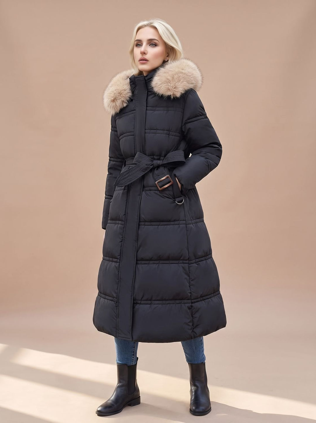 Abrigo de mujer largo, acolchado y con capucha, brinda máxima protección y calor en el invierno.