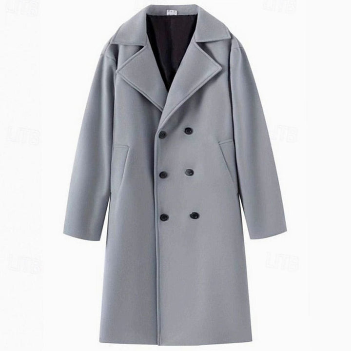 Textura premium de lana en abrigo cruzado para hombre. Ropa exterior cálida y de moda masculina invernal.