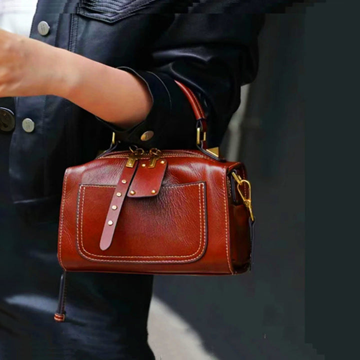 Bolso mujer de cuero genuino estilo Boston. Correa desmontable, ideal como bolso de mano y hombro, moda femenina.