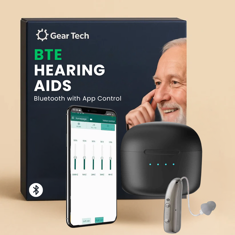 Audífonos BTE ergonómicos recargables, mejoran la audición con cancelación de ruido eficaz.