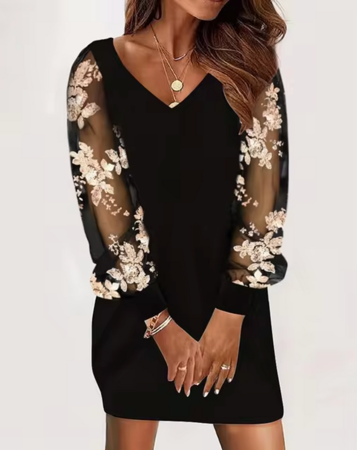 Ropa mujer: Minivestido LIA elegante con escote en V y mangas largas. Vestido de fiesta ajustado, estilo moderno.