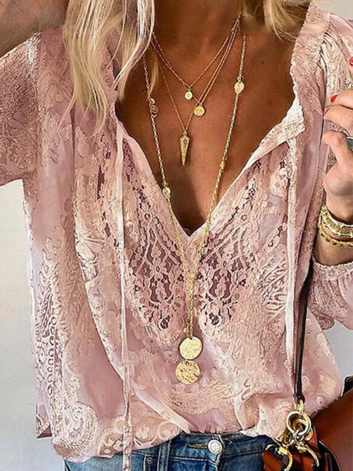 Blusa caqui de encaje para mujer, con lazo. Top elegante, semitransparente y de moda.