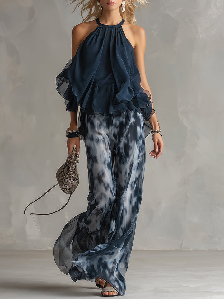 Conjunto de fiesta azul marino para mujer, top halter con volantes y pantalón ancho palazzo. Ideal invitada boda.