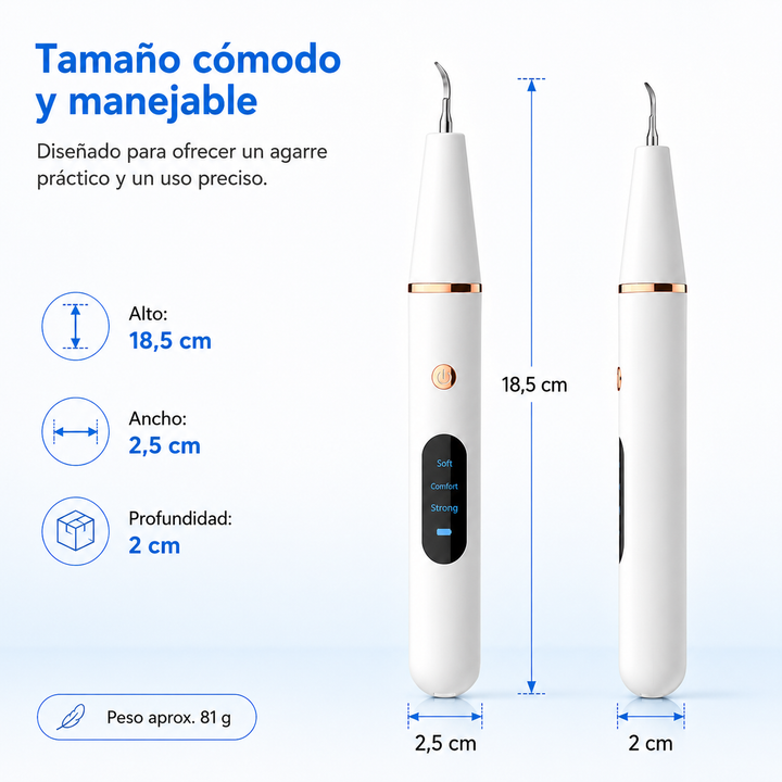 Sonrisa con dientes más blancos y sin sarro gracias al removedor ultrasónico eléctrico. Higiene bucal completa.