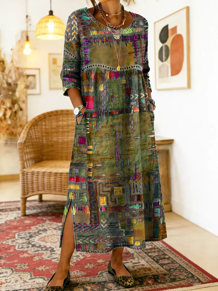 Vestido denim con patchwork étnico, estilo fluido y transpirable para mujer.