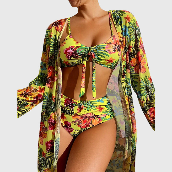 Bikini de mujer 3 piezas tropical: top con lazo, braga cintura alta y kimono floral para verano y playa.