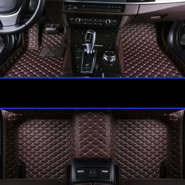 Detalle de la textura de cuero sintético de las alfombrillas premium para una protección elegante.