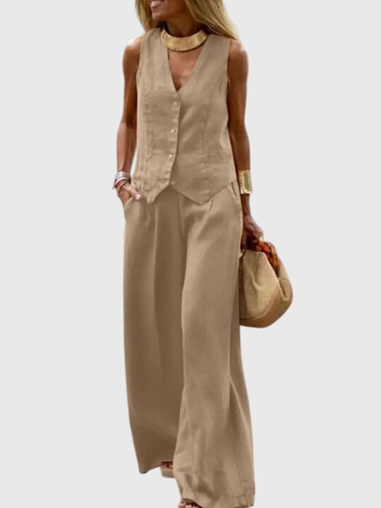 Conjunto elegante de dos piezas para mujer, chaleco y pantalón ancho, ideal para look casual o formal.