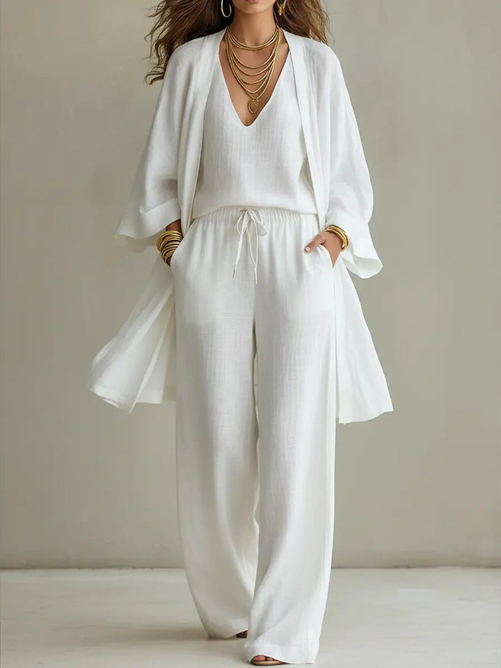 Conjunto elegante de 3 piezas para mujer en lino y algodón. Ideal para verano, cómodo y transpirable.