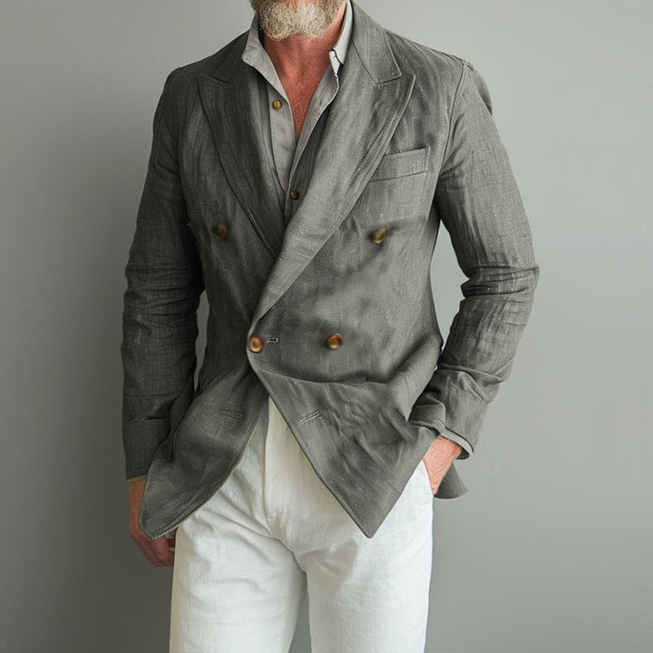 Elegante americana slim fit de hombre, diseño cruzado con cuadros. Perfecta como chaqueta de traje formal.