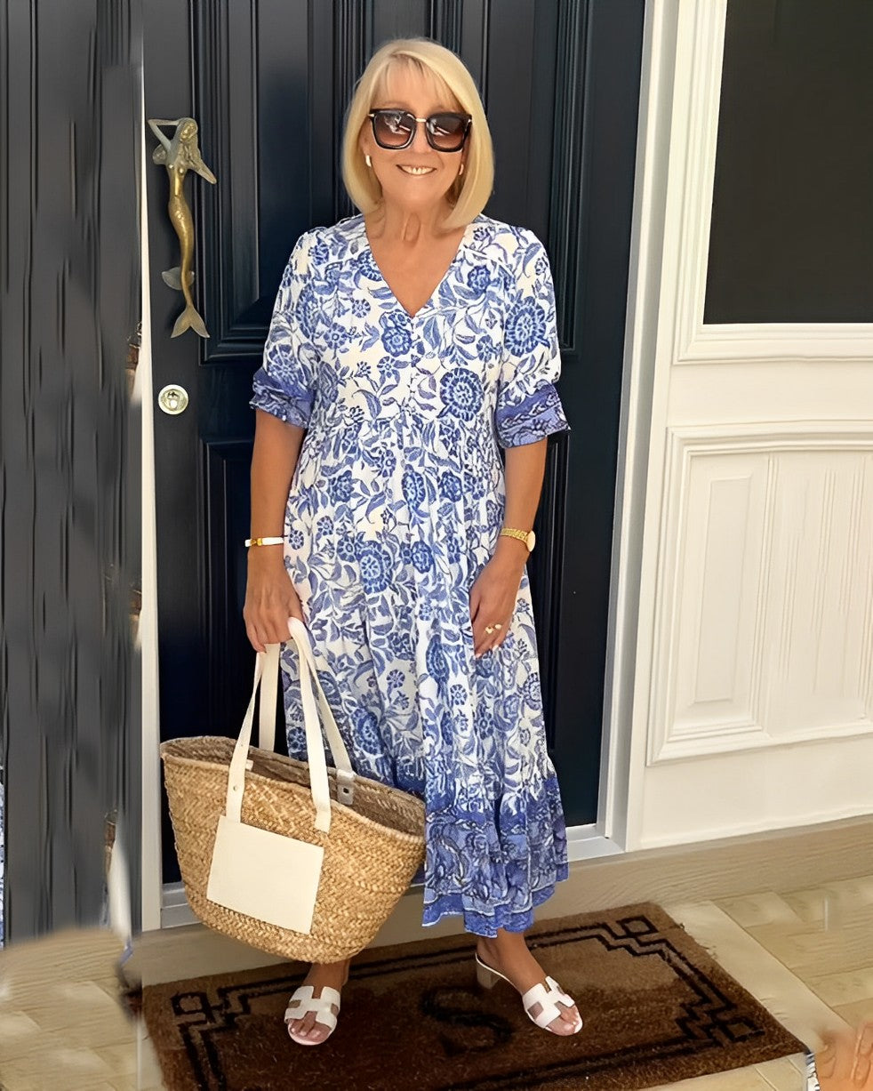 Vestido floral de mujer con diseño favorecedor, fluido y ligero. Escote V, transpirable, perfecto para la moda de verano.