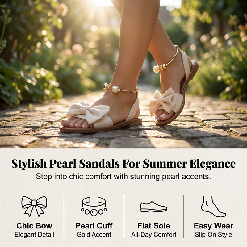 Sandalias de verano para mujer, planas, con diseño de lazo y perlas.