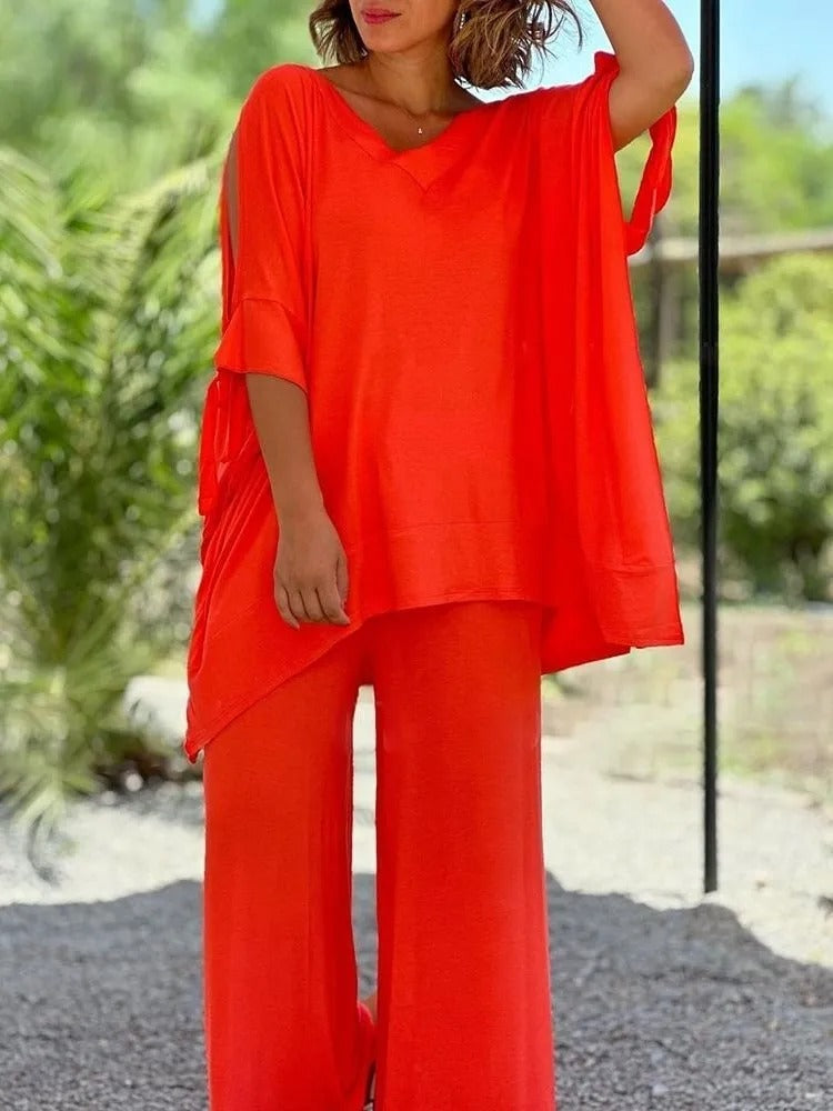 Outfit versátil de mujer: conjunto de blusa y pantalón ancho. Ropa cómoda, estilo casual chic y elegante.