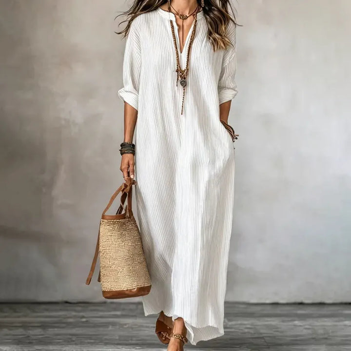 Vestido maxi de otoño para mujer, rayado, con escote en V, mangas largas y corte fluido. Confortable.