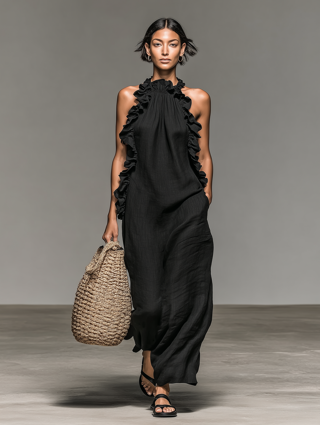 Elegante vestido maxi de mujer, sin mangas, con volantes y prácticos bolsillos para el día a día.
