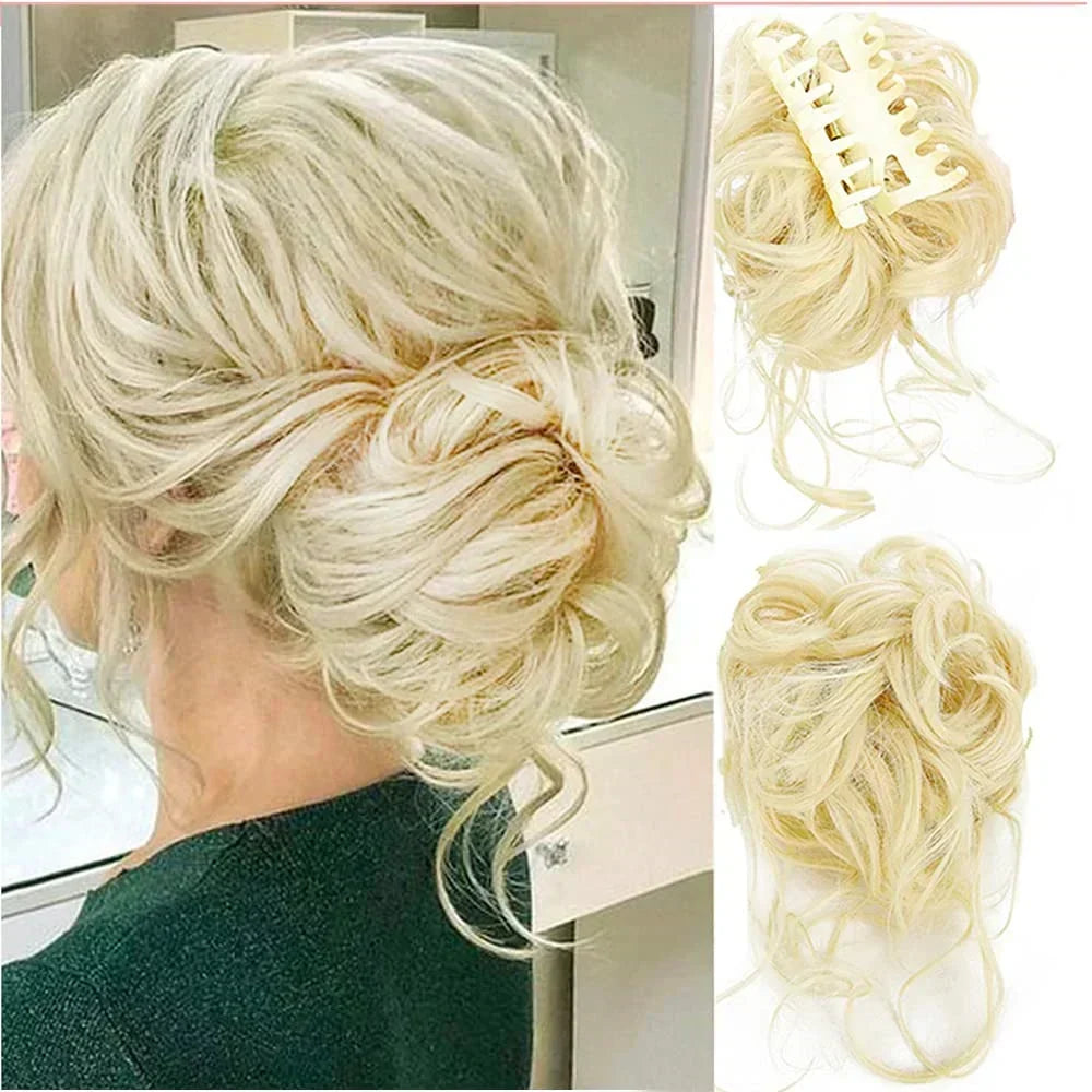Moño rizado instantáneo con clip, extensión de cabello sintético para volumen y estilo fácil.