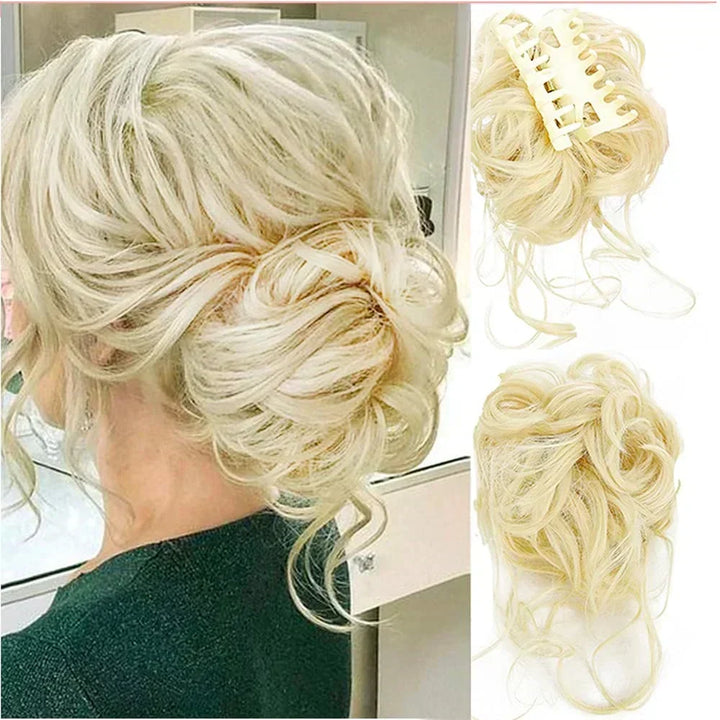 Moño rizado instantáneo con clip, extensión de cabello sintético para volumen y estilo fácil.