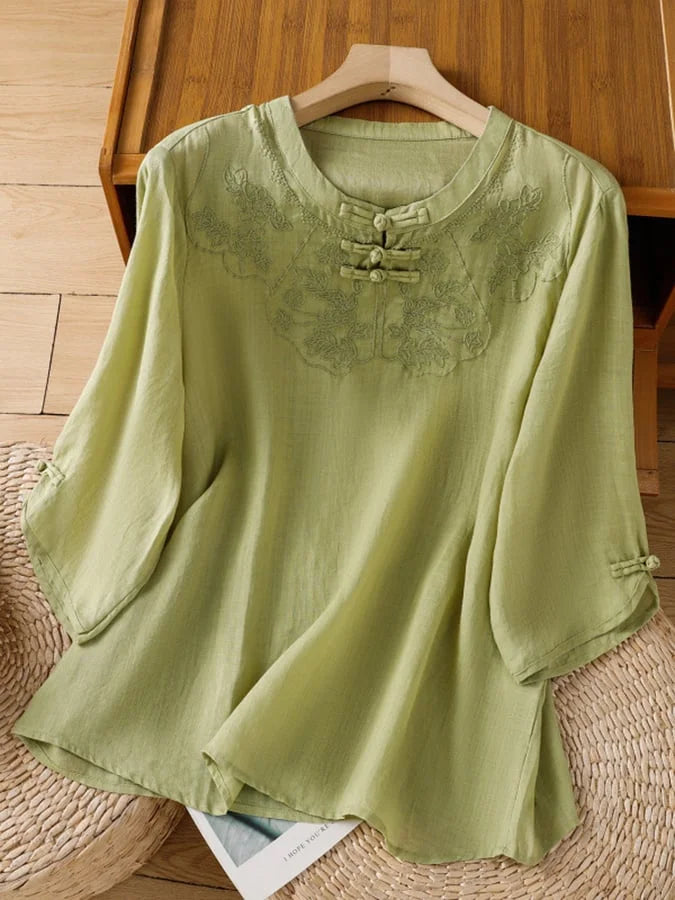 Blusa de verano Noelia para mujer, diseño floral en algodón y lino. Elegante y fresca, ideal para cualquier ocasión.