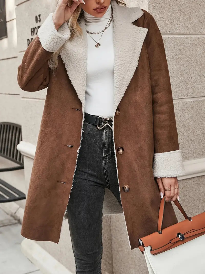 Abrigo elegante de mujer marrón con cierre de botones para otoño invierno. Ideal para moda femenina y estilo clásico.