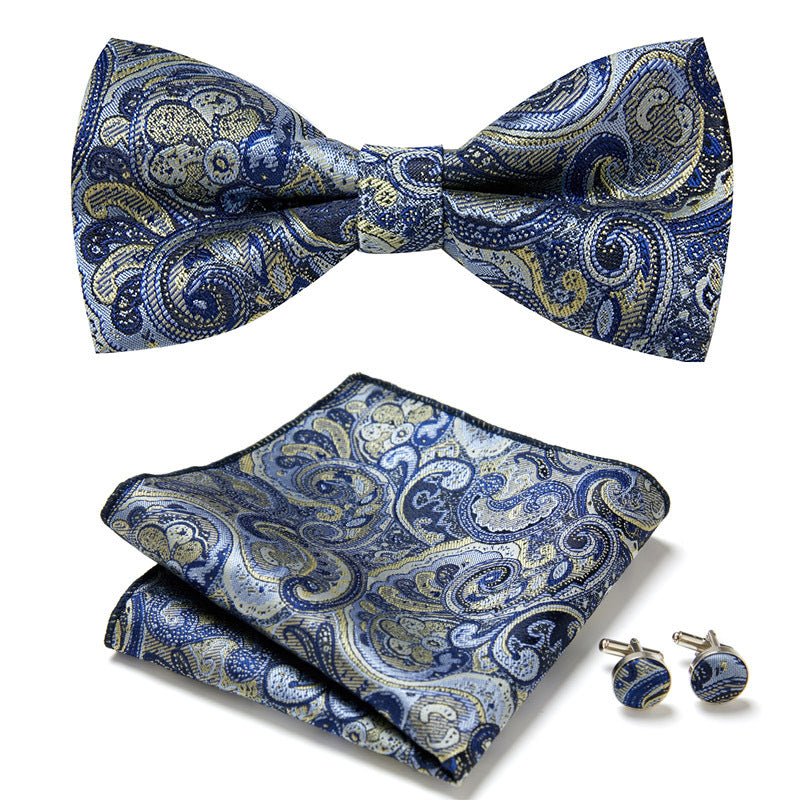 Elegante conjunto de pajarita y pañuelo floral, más gemelos a juego para hombre. [[lstfy-media:22]]