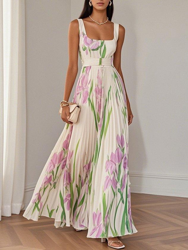 Mujer en vestido floral bohemio fluido, ideal para un día casual de playa o verano.