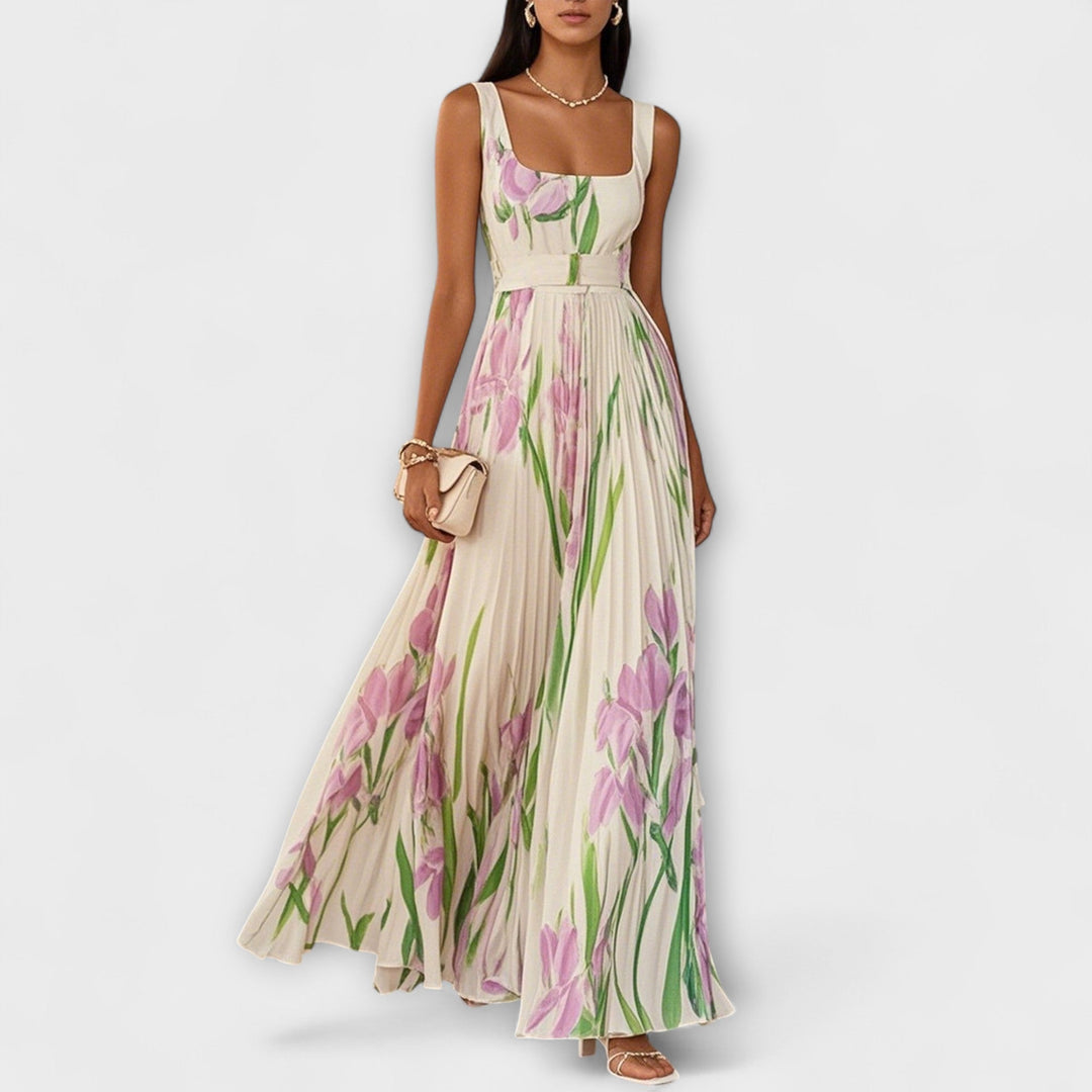 Vestido maxi floral romántico sin mangas para mujer, ideal para verano, estilo elegante y casual.
