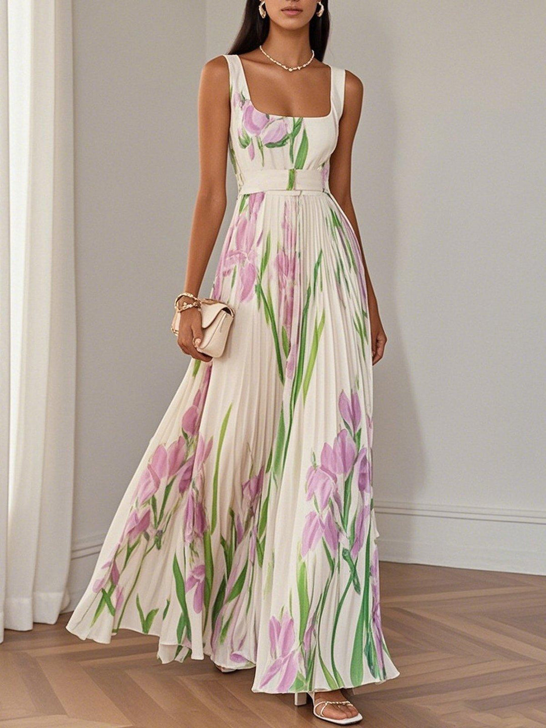 Vestido floral bohemio fluido para mujer, ideal para verano y playa.