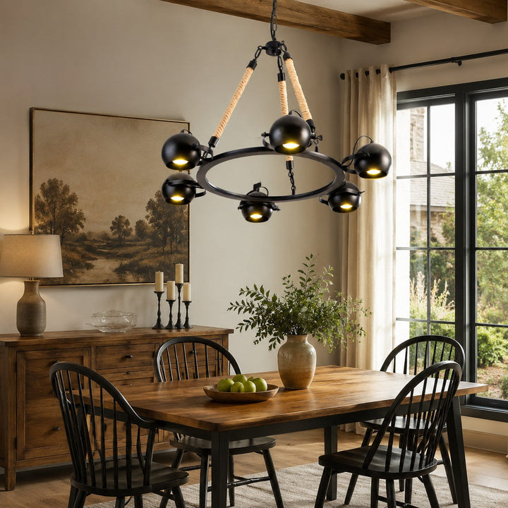 Candelabro moderno industrial con cuerdas y metal negro. Lámpara de techo suspendido, diseño único.