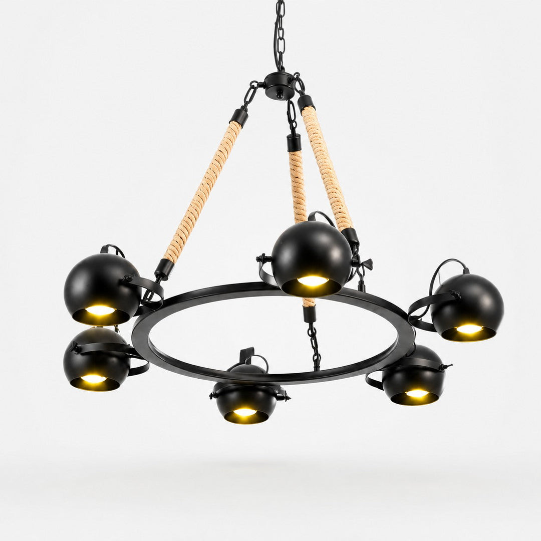 Candelabro industrial de cuerda ajustable, ideal para comedor. Estilo rústico moderno, metal negro.